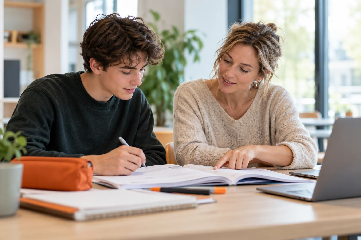 Docent begeleidt een student bij de lesstof